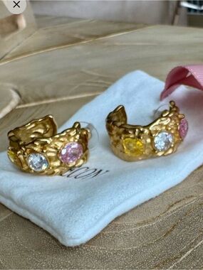 Gold Textured Hoop Earrings with Pink and Yellow Gemstones